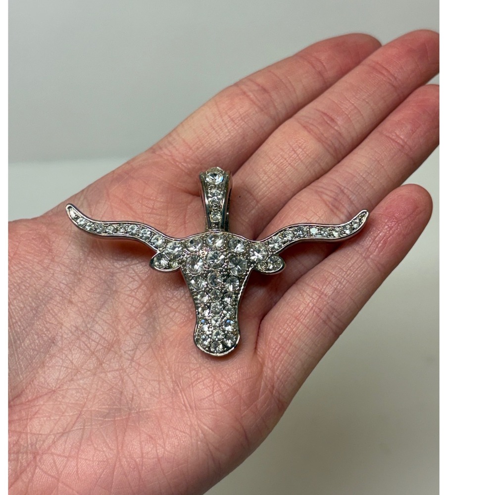 Silver Tone Rhinestone Texas Longhorn Steer Head Magnetic Pendant